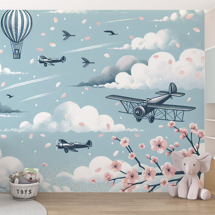 Hot Air Balloon Mural Wallpaper | Pink Cherry Blossoms, Airplanes, and Clouds