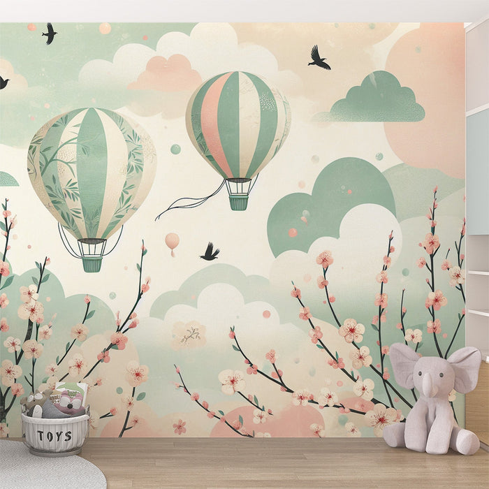 Heißluftballon-Murale Tapete | Rosa Kirschblüten und grüne Wolken