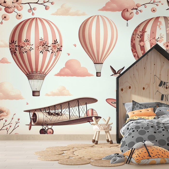 Hot air balloon Mural Wallpaper | Cherry blossom planes and pink balloons