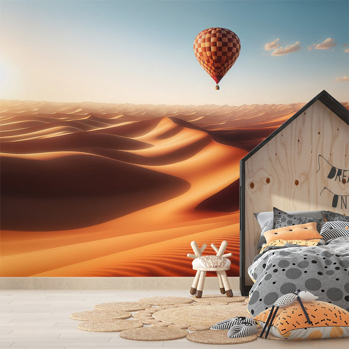 Hot Air Balloon Mural Wallpaper | Desert with White and Red Checkered Balloon