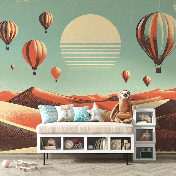 Hot Air Balloon Mural Wallpaper | Desert with Vintage Sun Style
