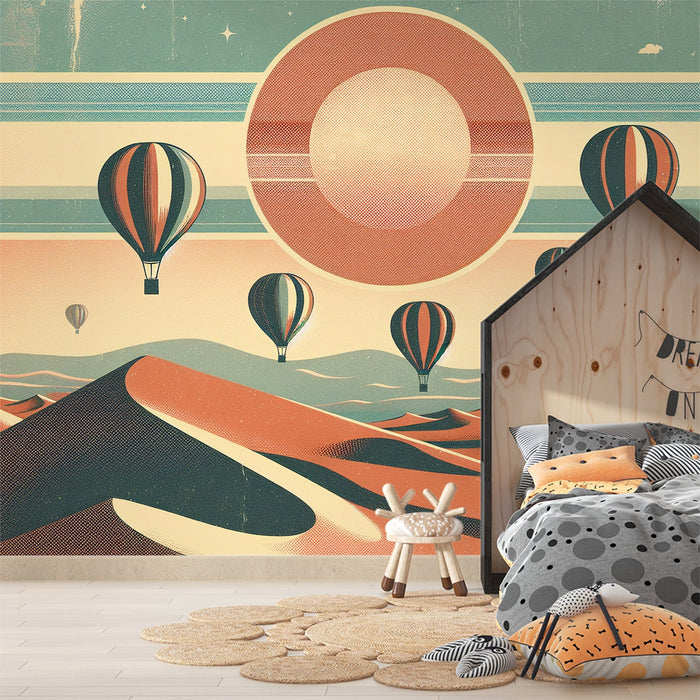Hot Air Balloon Mural Wallpaper | Desert and Red Sun Vintage Style