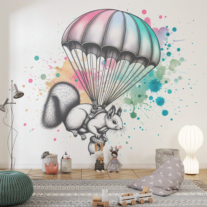 Hot Air Balloon Mural Wallpaper | Squirrel and Hazelnut Hanging from a Parachute