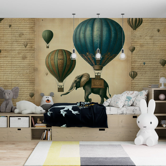 Hot Air Balloon Mural Wallpaper | Elephant and Colorful Balloons on Vintage Background