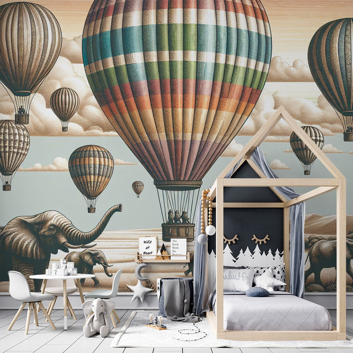 Hot Air Balloon Mural Wallpaper | Elephant, Savannah, and Colorful Balloons