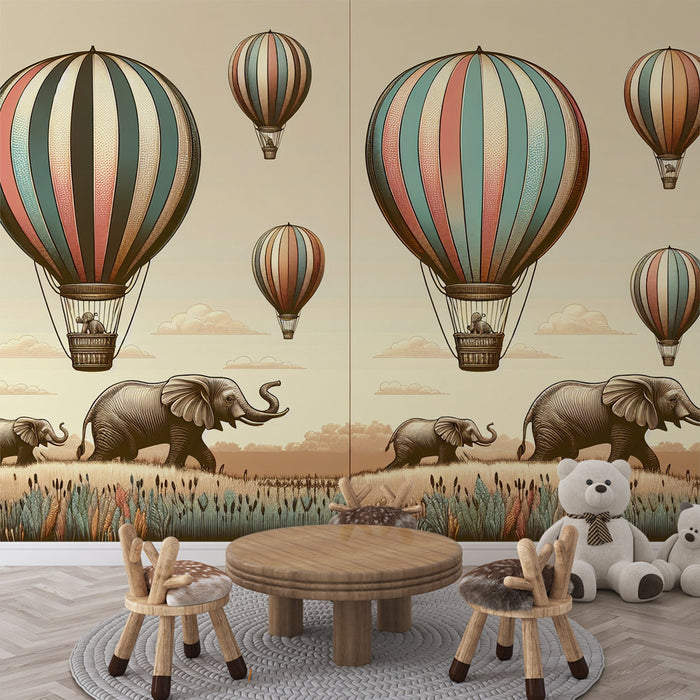 Hot Air Balloon Mural Wallpaper | Elephants and Elephant Calves in the Meadow