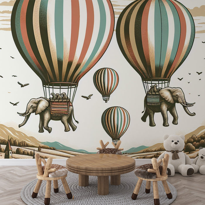 Hot Air Balloon Mural Wallpaper | Flying Elephants Above the Plains