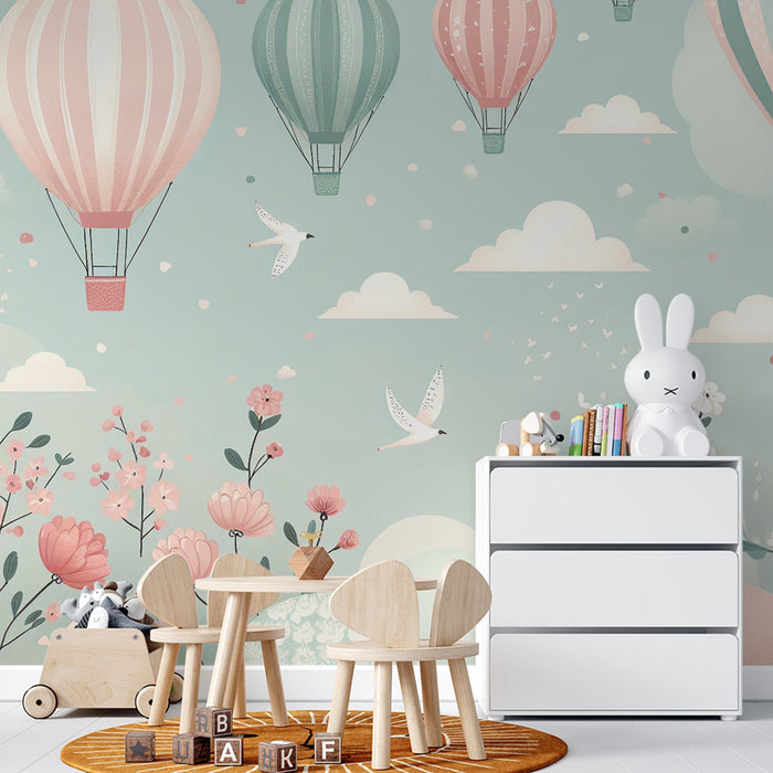 Papel de parede do mural de balão de ar quente | Flores rosa e branca com gaivotas e nuvens