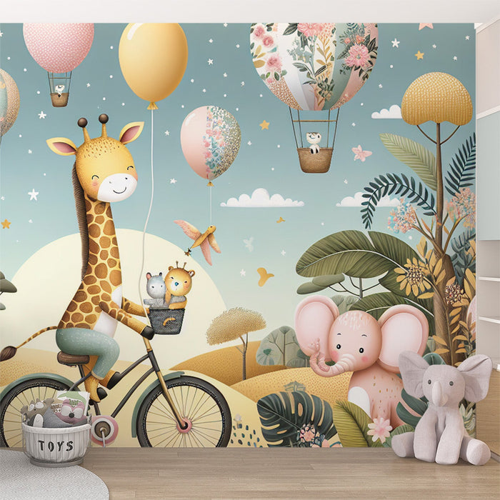 Hot Air Balloon Mural Wallpaper | Giraffe, Elephant in the Tropical Jungle