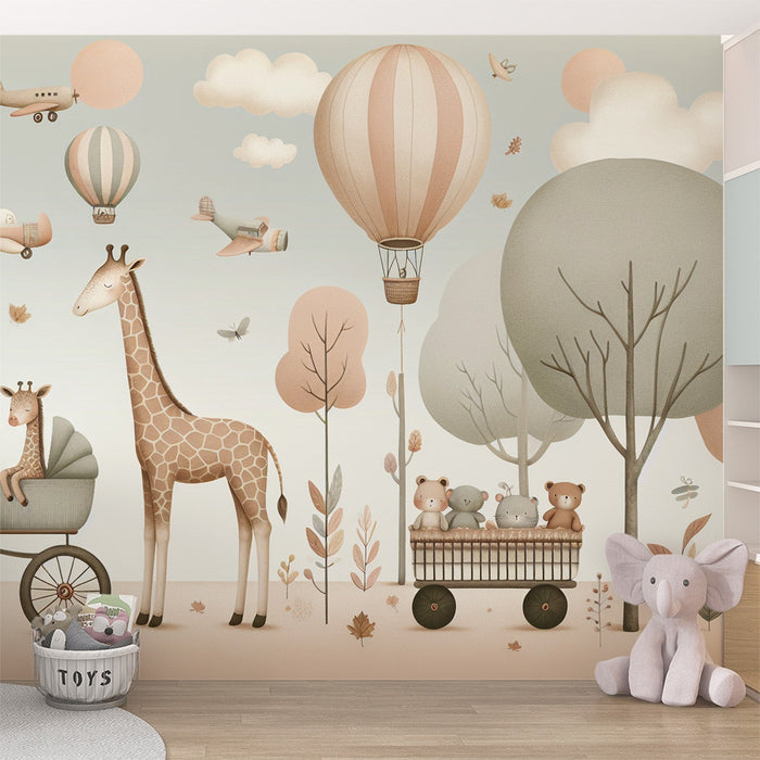 Hot Air Balloon Mural Wallpaper | Giraffes, Airplanes, and Forest for Children