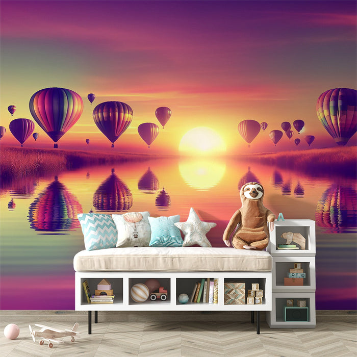 Hot Air Balloon Mural Wallpaper | Calm Lake with Multicolored Balloons