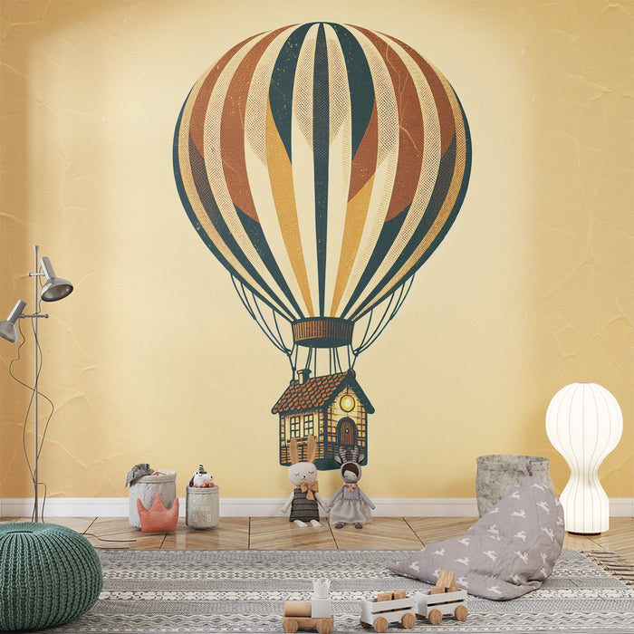 Hot air balloon Mural Wallpaper | House and balloon on a yellow stucco background
