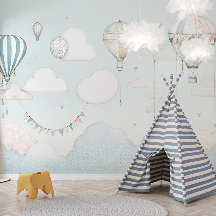 Hot Air Balloon Mural Wallpaper | White and Blue Clouds with Decorated Balloons