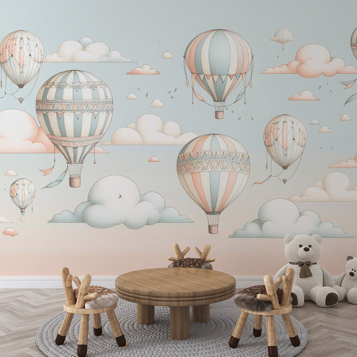 Papel de parede com mural de balão de ar quente | Nuvens rosa e azuis com balão de ar quente decorado