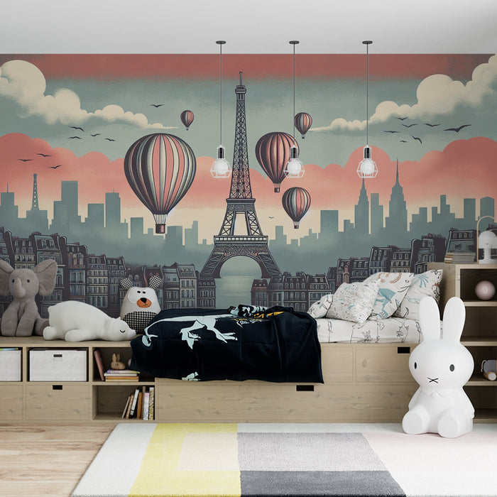Papel pintado con mural de globo aerostático | París al atardecer