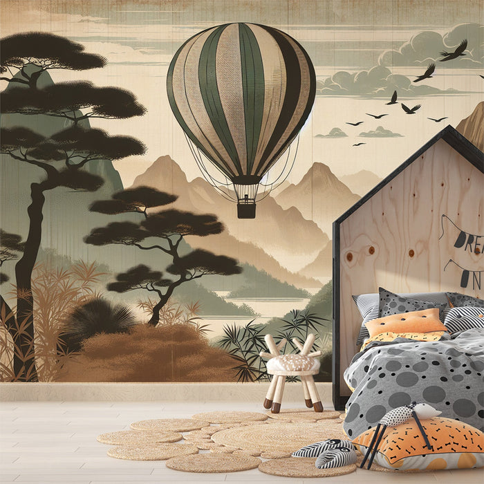 Hot Air Balloon Mural Wallpaper | Lost in a Neutral-Toned Mountainous Landscape