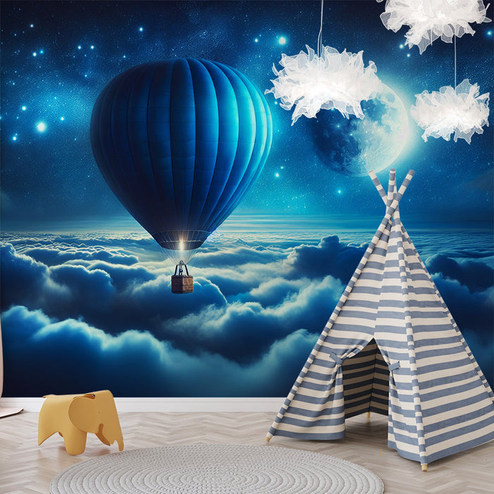 Hot Air Balloon Mural Wallpaper | Full Moon and Blue Balloon Above the Clouds
