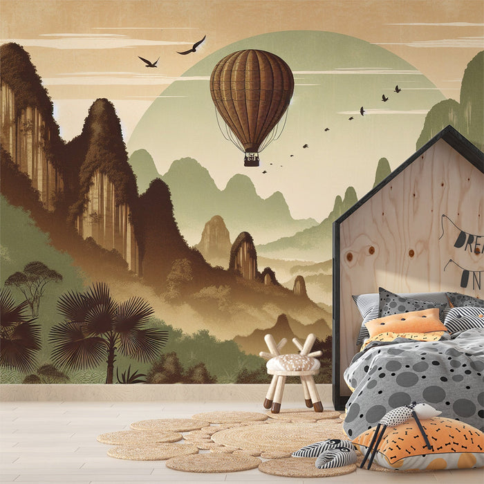 Hot Air Balloon Mural Wallpaper | Mountainous Relief and Tropical Forest in Neutral Tones