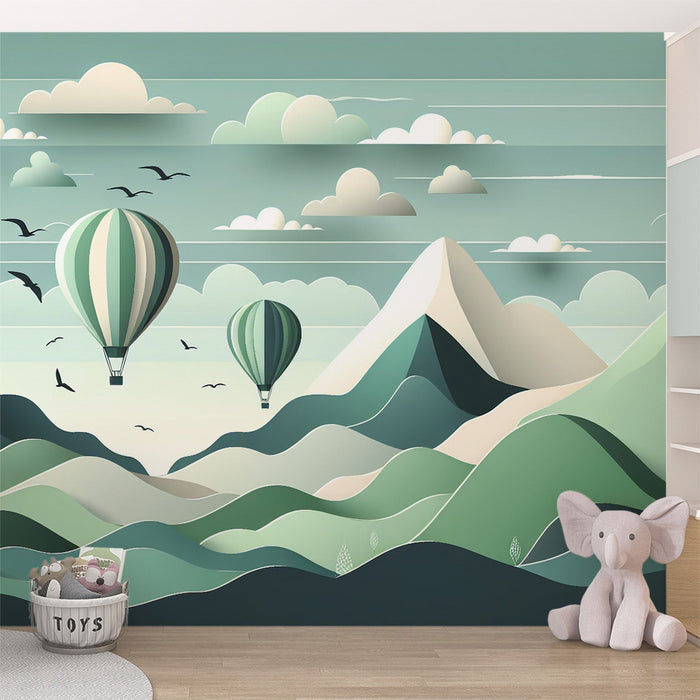 Papel de parede com mural de balão de ar quente | Alívio montanhoso verde e branco
