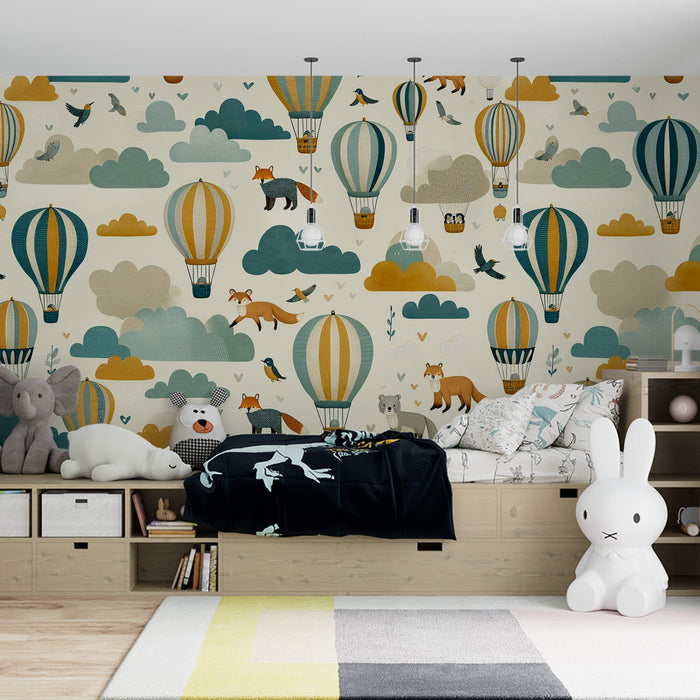Hot air balloon Mural Wallpaper | Foxes, birds, and clouds