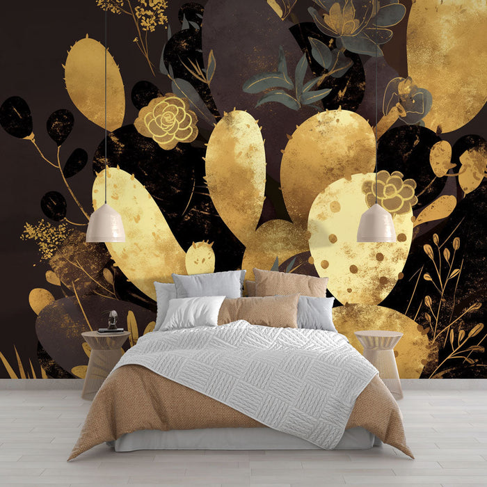 Black and Gold Mural Wallpaper | Modern Style Cactus