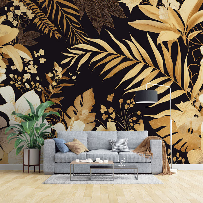 Black and Gold Mural Wallpaper | Leaves and Flowers