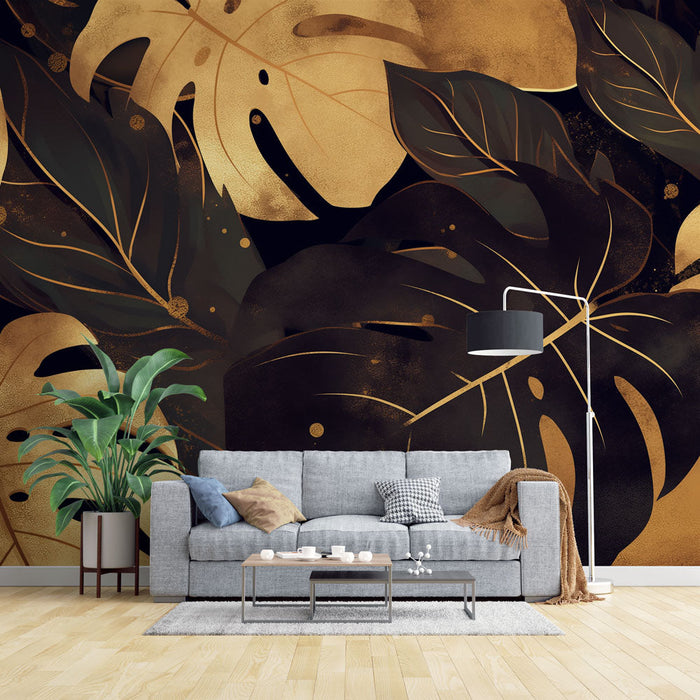 Papel pintado negro y dorado | Hojas de Monstera doradas y negras