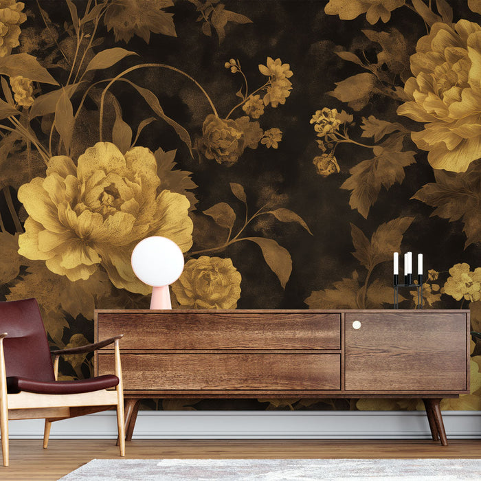 Sort og guld tapetmaleri | Vintage stil blomster