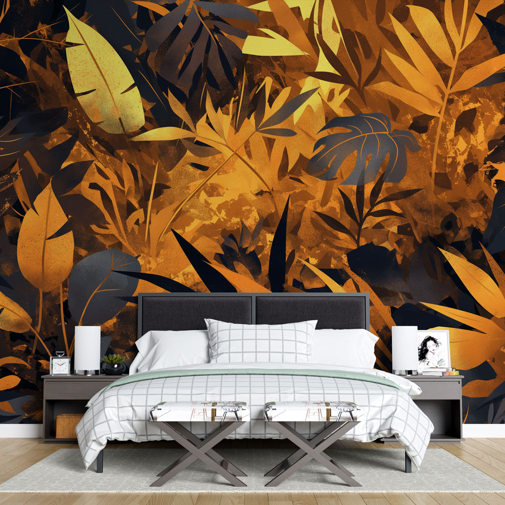 Black and Gold Mural Wallpaper | Tropical Forest — WonderMural