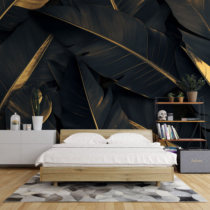 Black and Gold Mural Wallpaper | Large Banana Leaf Pattern