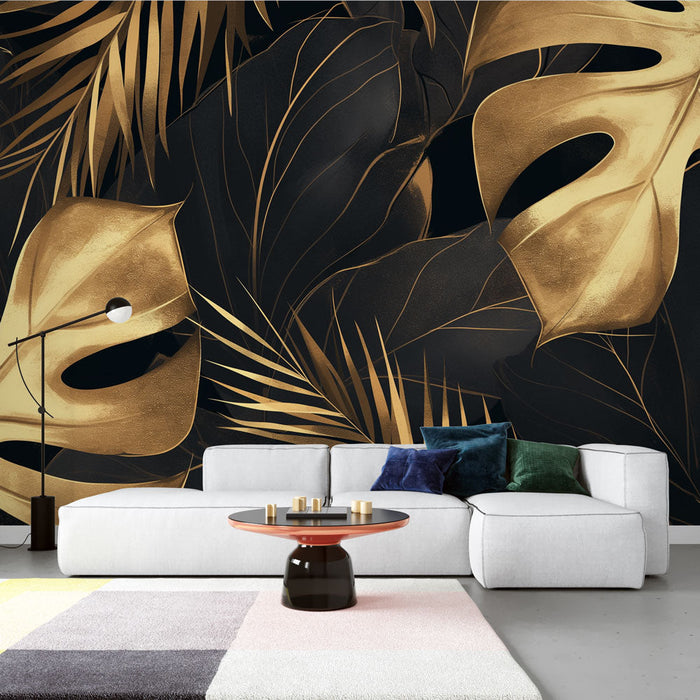 Black and Gold Mural Wallpaper | Monstera Banana and Palm Tree