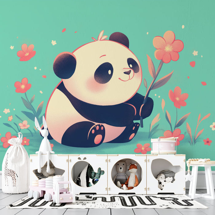 Panda Mural Tapet | Pastel Grønn Bakgrunn