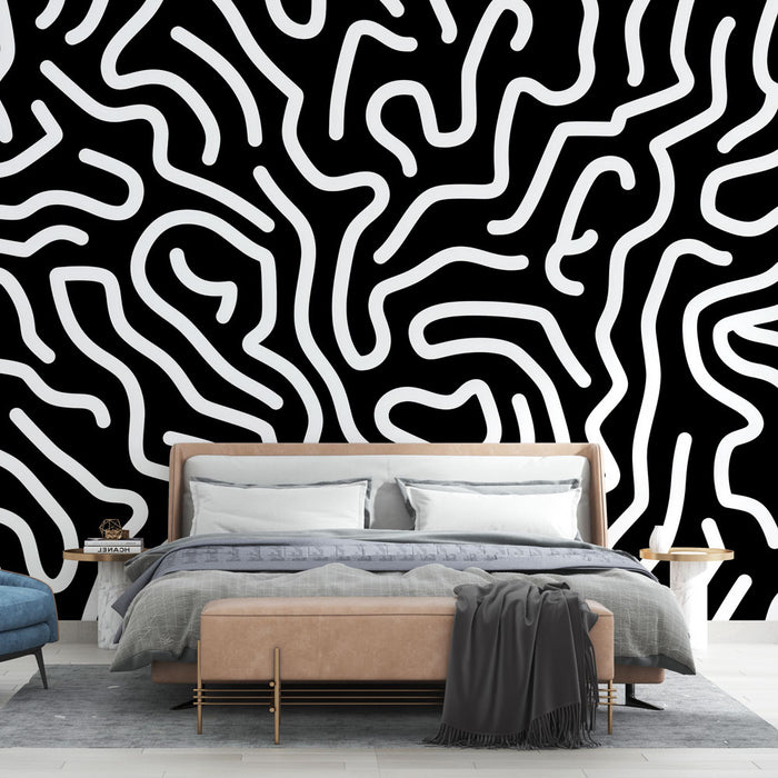 Abstract panoramic Mural Wallpaper | Black and white labyrinth