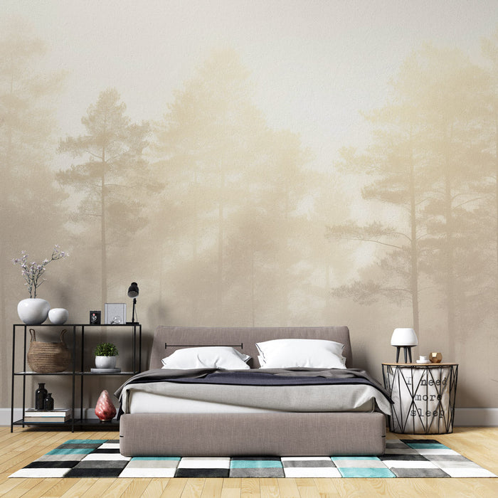 Dennenboom Foto Behang | Mysterieuze Beige Mist