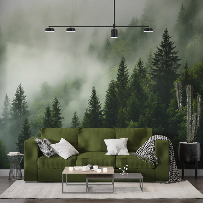 Fir Tree Mural Wallpaper | Zwischen Nebel und Grünfläche