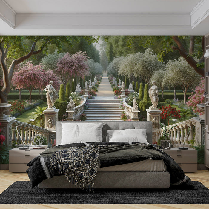 Mural Wallpaper Optical Illusion | Pathway in a Flower Garden with Ancient Statues