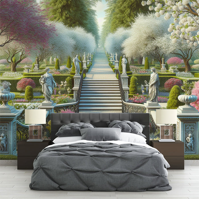 Trick-of-the-eye Mural Wallpaper | Main pathway of a royal garden with statues