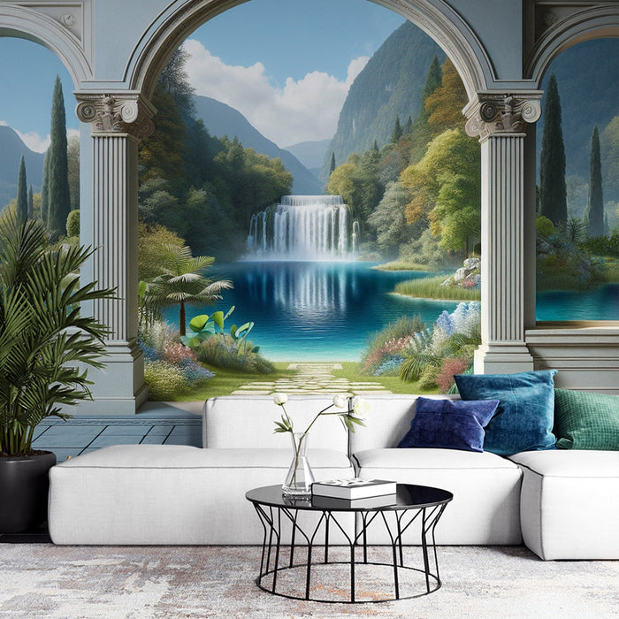 Mural Wallpaper Optical Illusion | Arch with a View of a Magnificent Forest Waterfall