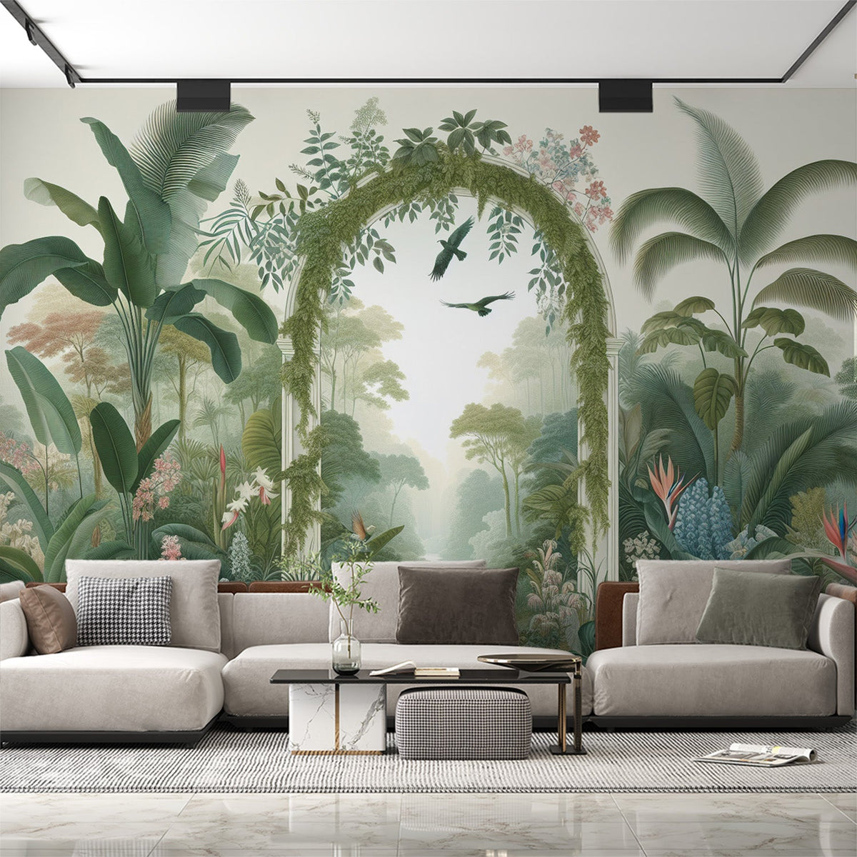 optical-illusion-mural-wallpaper-tropical-plant-arch-wondermural