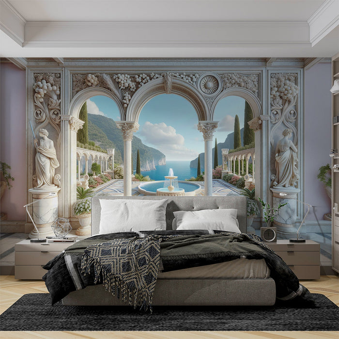 Mural Wallpaper Optical Illusion| White Arches with Statue and Fountain Facing the Sea