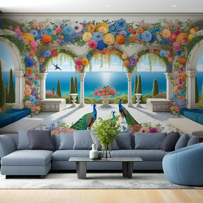 Mural Wallpaper Optical Illusion| Flowered Arches with Majestic Peacocks Facing the Sea