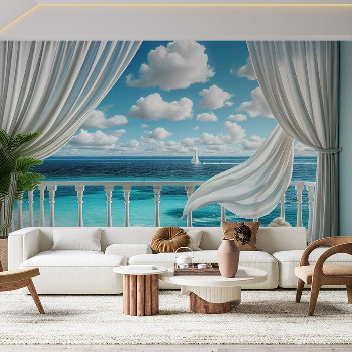 Foto Behang Optische Illusie | Balkon en Witte Gordijnen met Uitzicht op een Zeilboot en Blauwe Zee