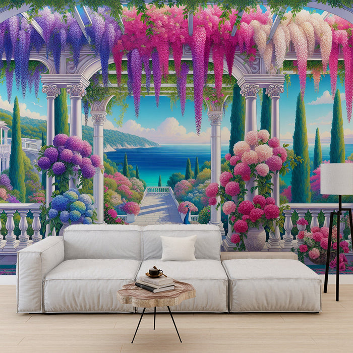 Mural Wallpaper Optical Illusion| Flowered Balcony with Cypress and Serene Sea View