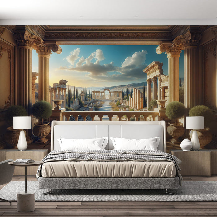 Optical Illusion Mural Wallpaper | Roman Balcony with Views of Monuments and Mountains