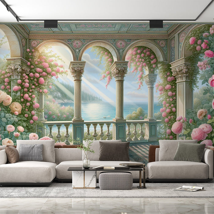 Mural Wallpaper Optical Illusion| Royal balcony blooms facing the Mediterranean Sea