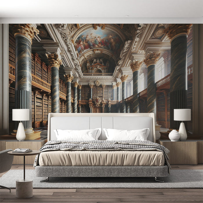 Optical Illusion Mural Wallpaper | Majestic Library with Column and Ceiling Decor