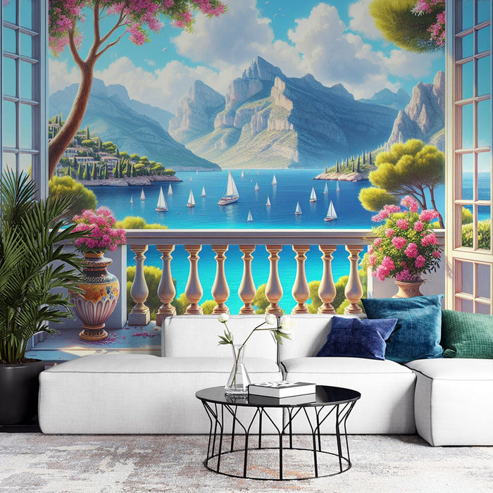 Papel pintado Ilusión óptica | Ventana con balcón frente a las montañas y el mar