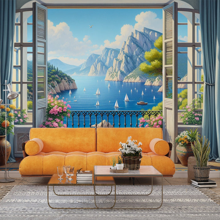 Mural Wallpaper Optical Illusion| Window with Blue Curtains Facing the Sea with Sailboats