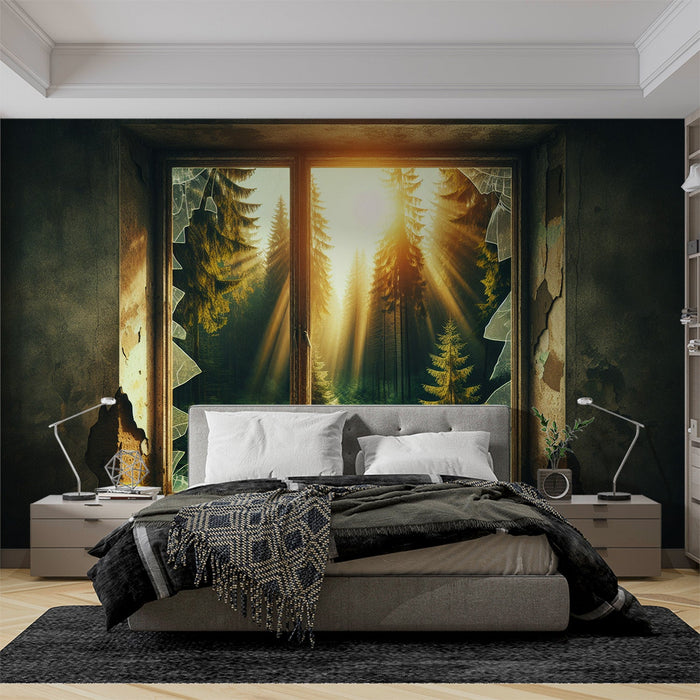 Optical Illusion Mural Wallpaper | Broken Window with a View of the Pine Forest