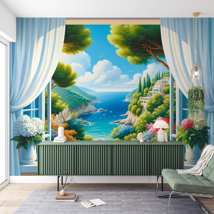 Mural Wallpaper Optical Illusion | Open Window and White Curtains on Mediterranean Landscape